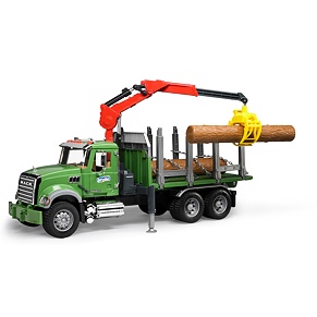 MACK Granite Holztransport-LKW mit Ladekran, Greifer und 3 Baumstämmen